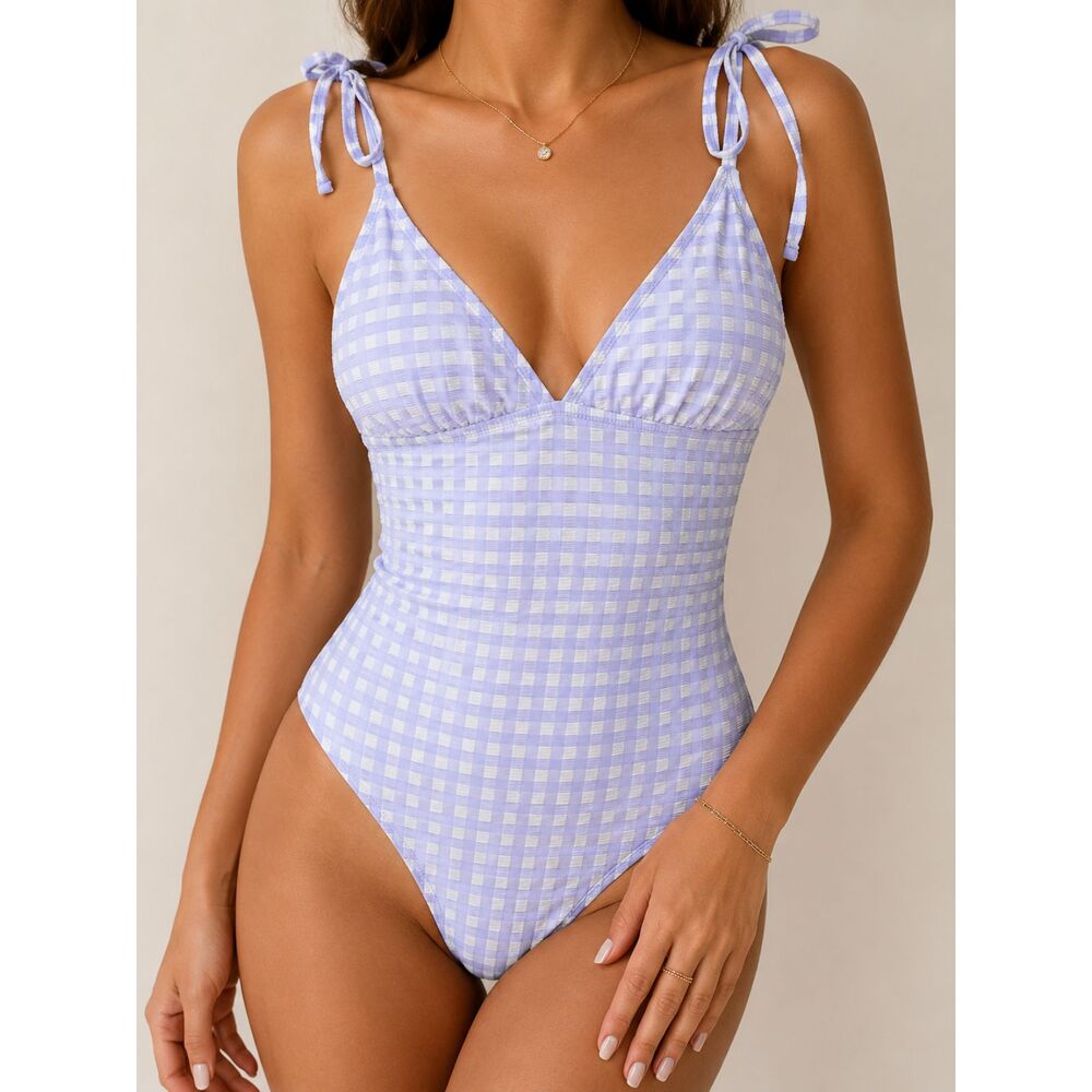 NWOT Kona Sol Lavender Gingham One Piece Swimsuit L Textured Tie Strap
